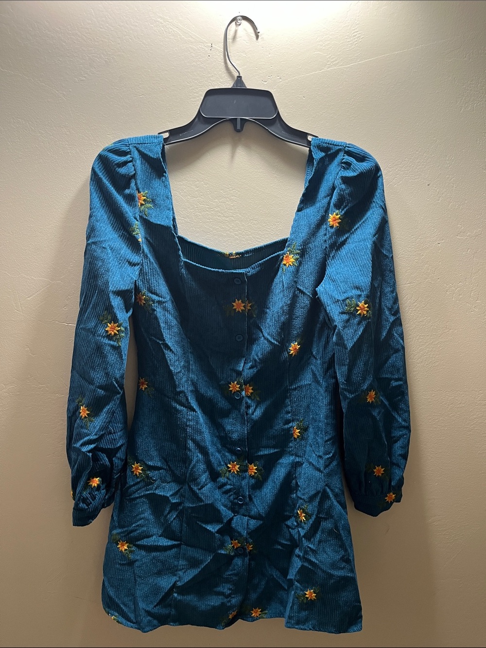Cider Teal Floral Embroidered Long Sleeve Mini Dress